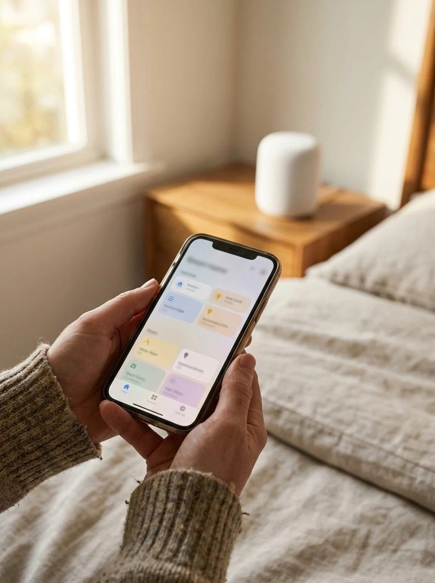 Smart home app controlling cameras and lights from a phone