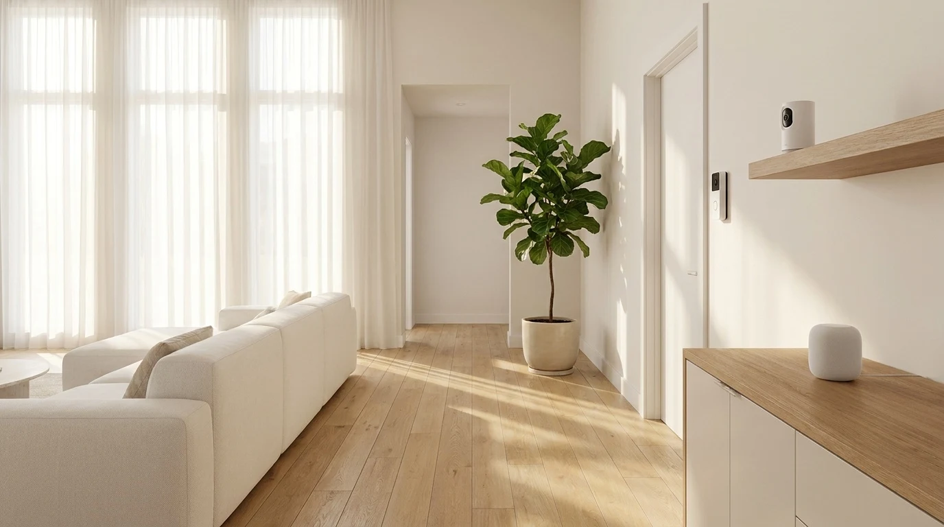 Bright modern living room with smart home security devices