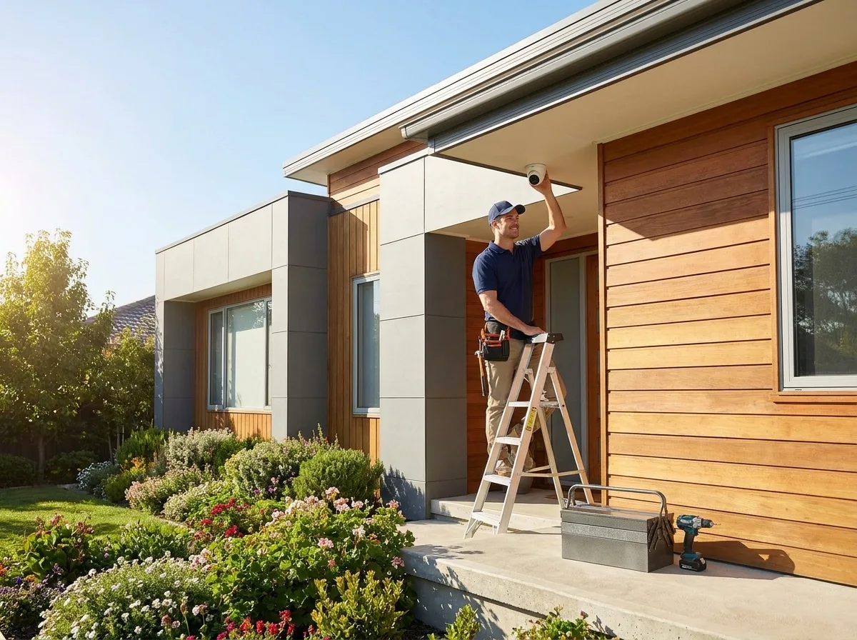 Professional installing a smart home security camera