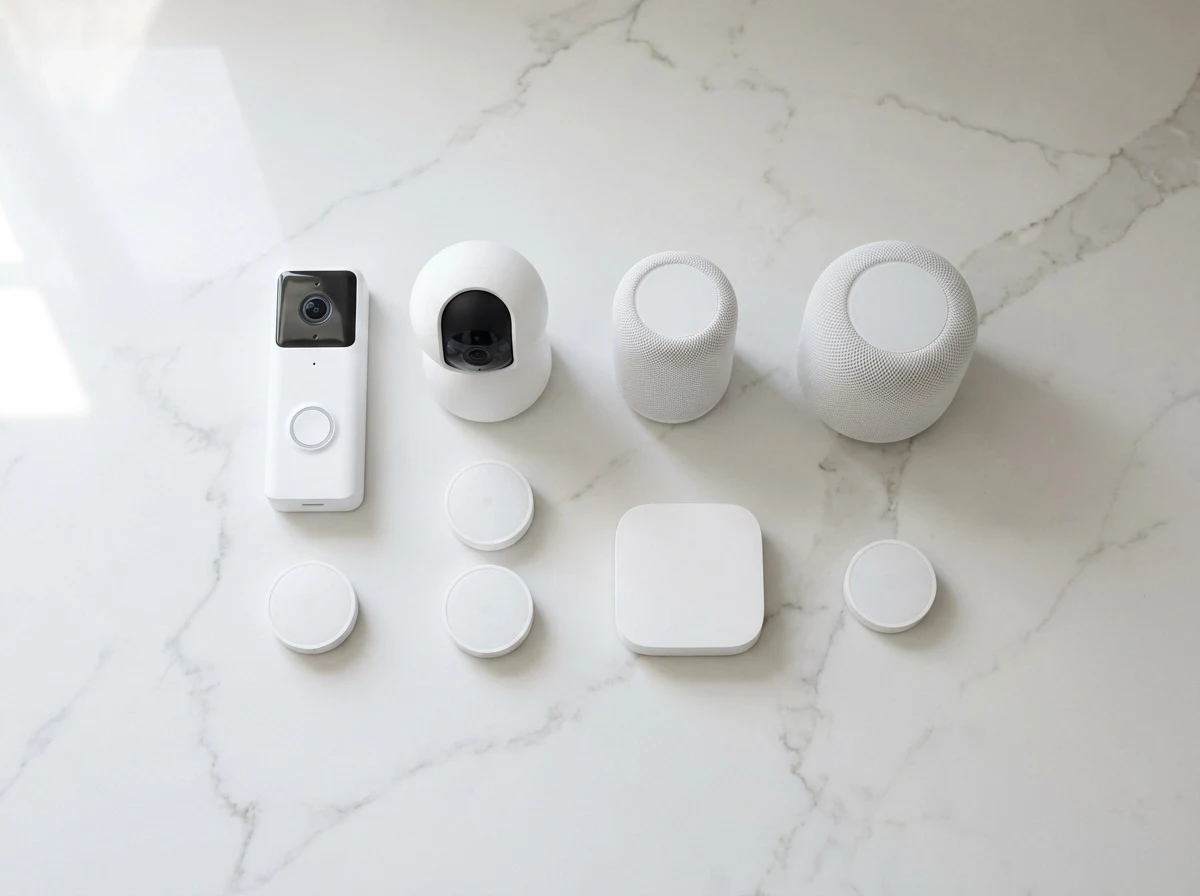 Flat lay of smart home security devices sold by Security King Homes